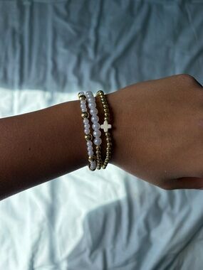 Gold and White Beaded Bracelet Set with Cross Accent